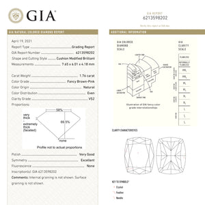 1.76ct 7.65x6.01x4.18mm GIA VS2 Fancy Brown-Pink Cushion Brilliant 🇨🇦 24111-01