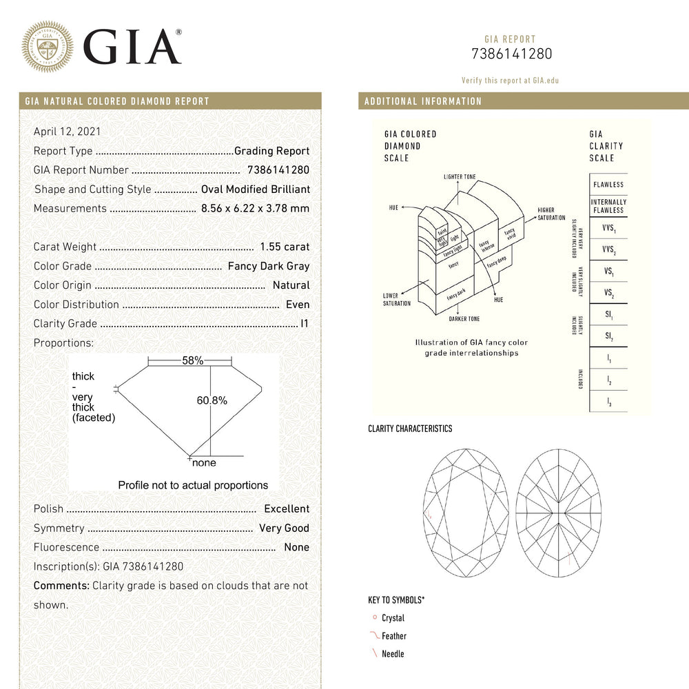 1.55ct 8.56x6.22x3.78mm GIA I1 Fancy Gray Oval Brilliant 19266-01 - Misfit Diamonds
