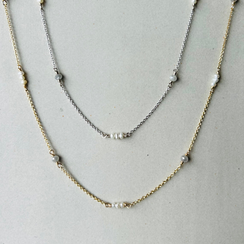 14K Yellow Gold, Pearl & Diamond Station Necklace
