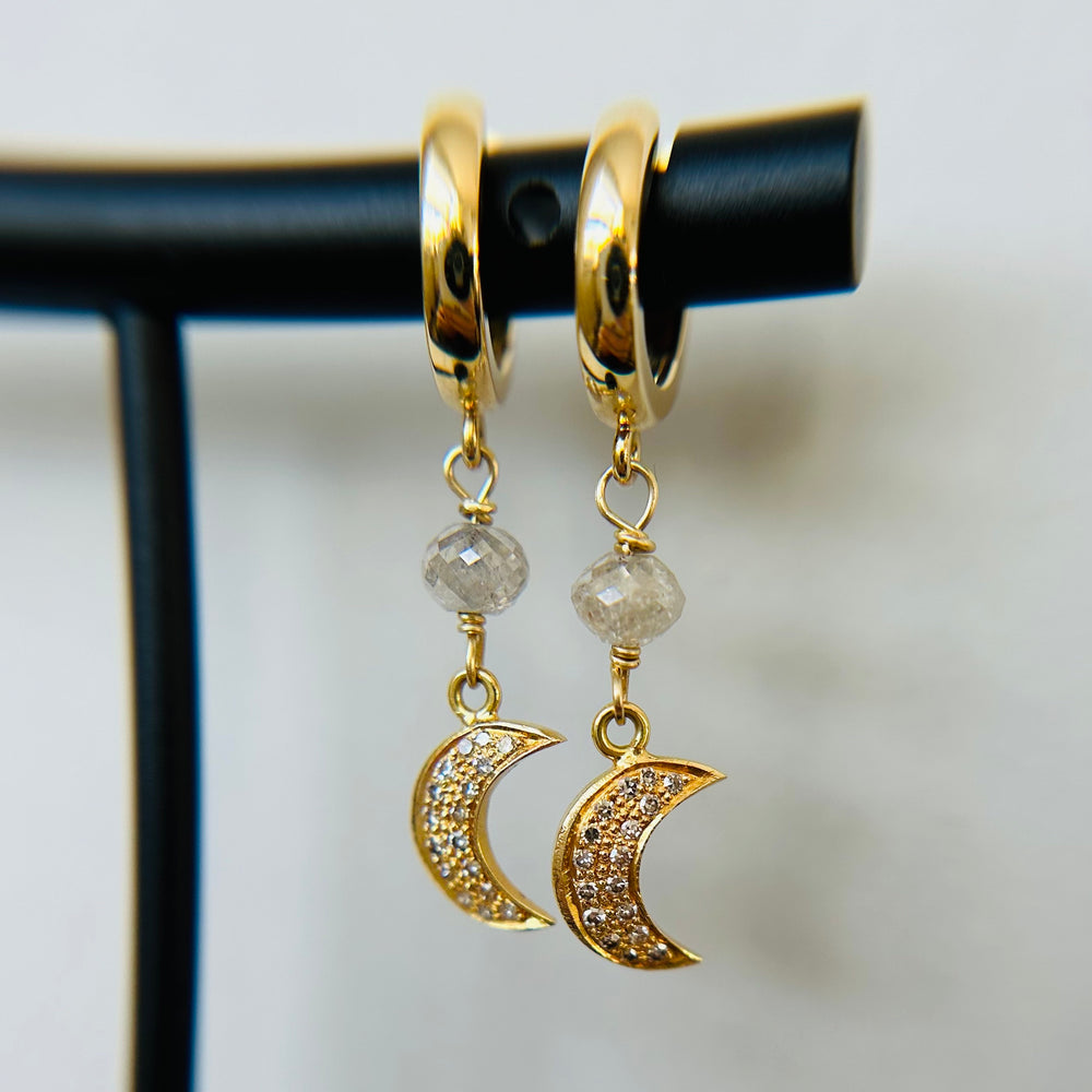 14K Pave Crescent Moon Huggie Drop Earrings