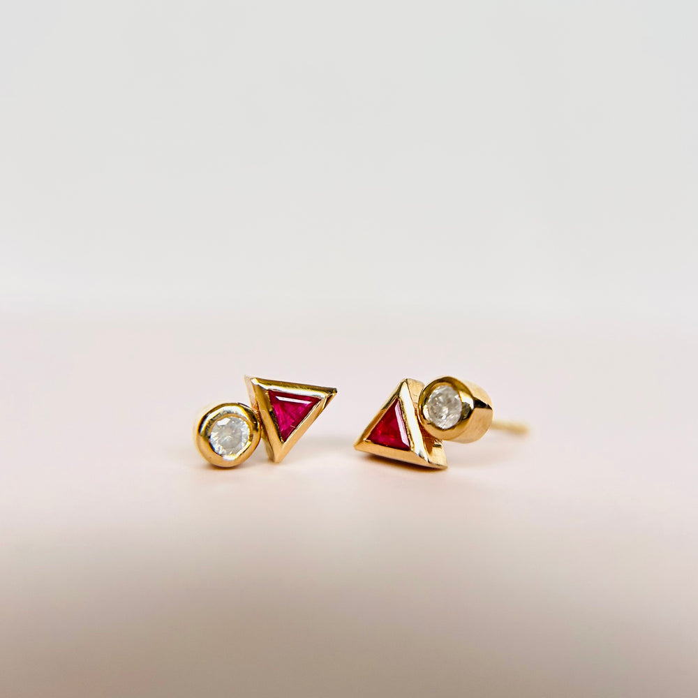 14K Diamond & Ruby Geometric Stud Earrings