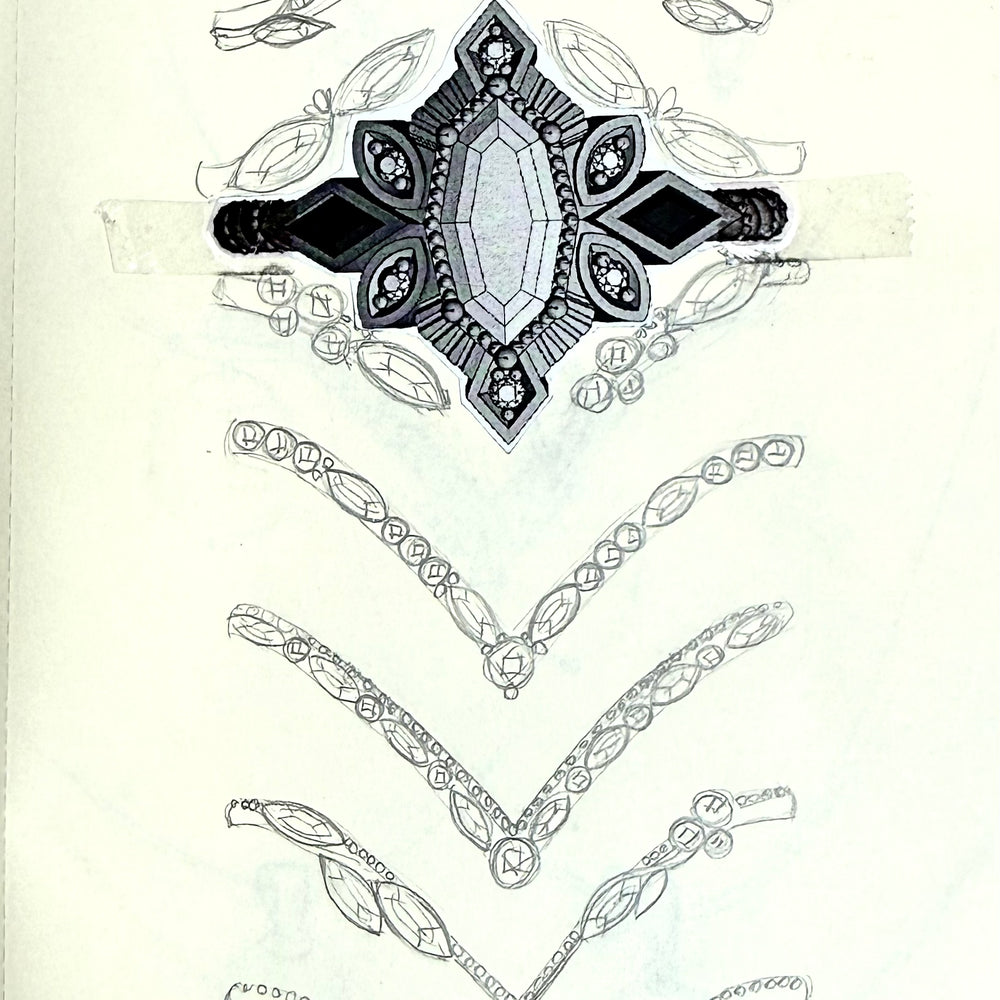 A CAD image of an intricate and unique engagement ring is shown on a white background surrounded by different iterations of hand drawn wedding rings, showing the different possible options to find the perfect bridal ring set.