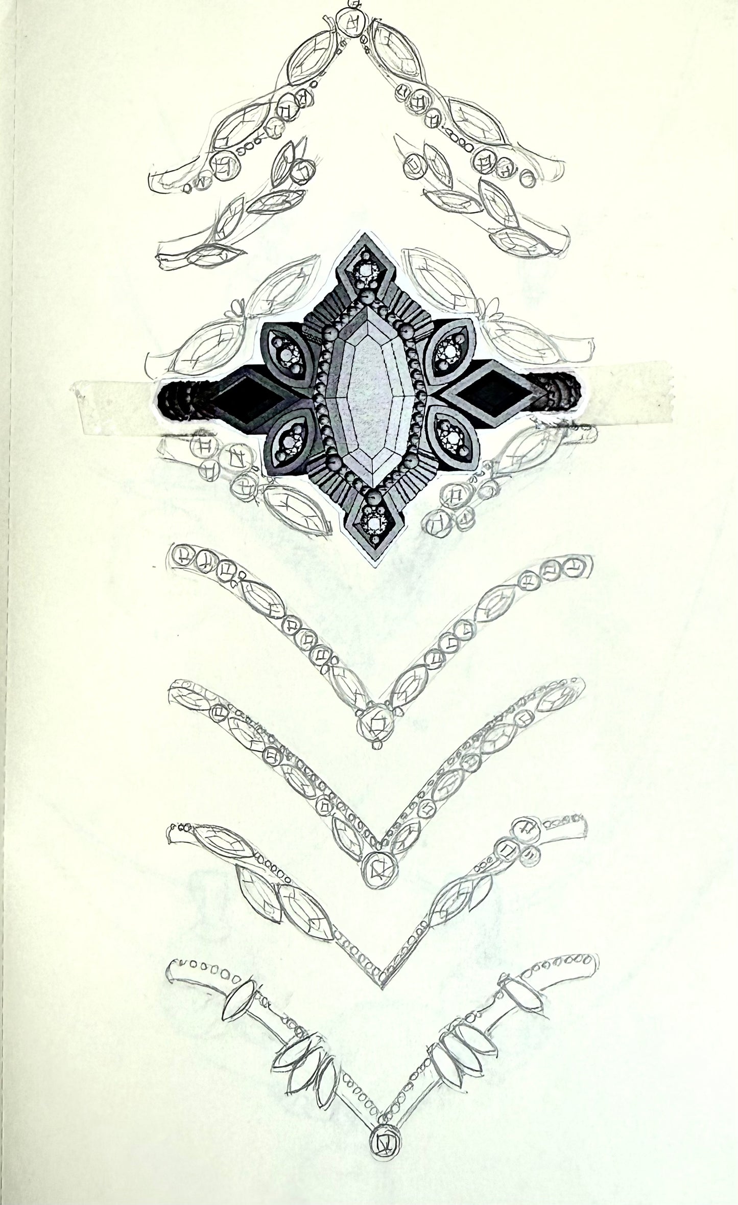A CAD image of an intricate and unique engagement ring is shown on a white background surrounded by different iterations of hand drawn wedding rings, showing the different possible options to find the perfect bridal ring set.